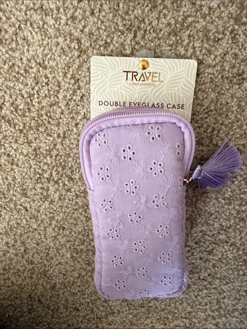 Travel Lavender Purple Embroidered Floral Zip Double Eyeglass Case with Tassels